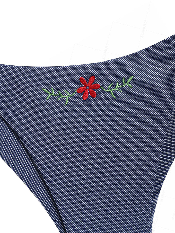 Seamolly Denim Embroidery Halter Triangle Top & Cheeky Brazilian Bottom Bikini Set