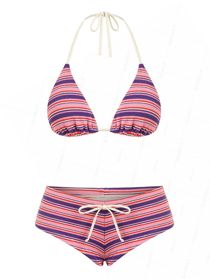 Seamolly Striped Halter Triangle Cheeky Boyshorts Bikini Set