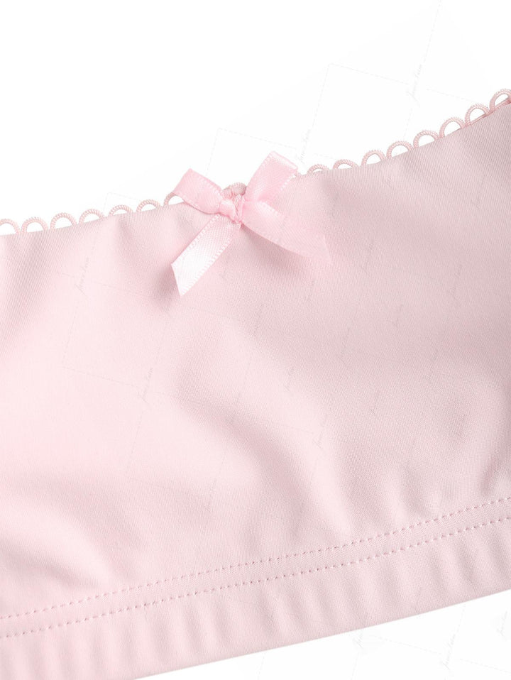 Pink Solid Color Picot Bowknot Bralette Cheeky Boyshorts Bikini Set
