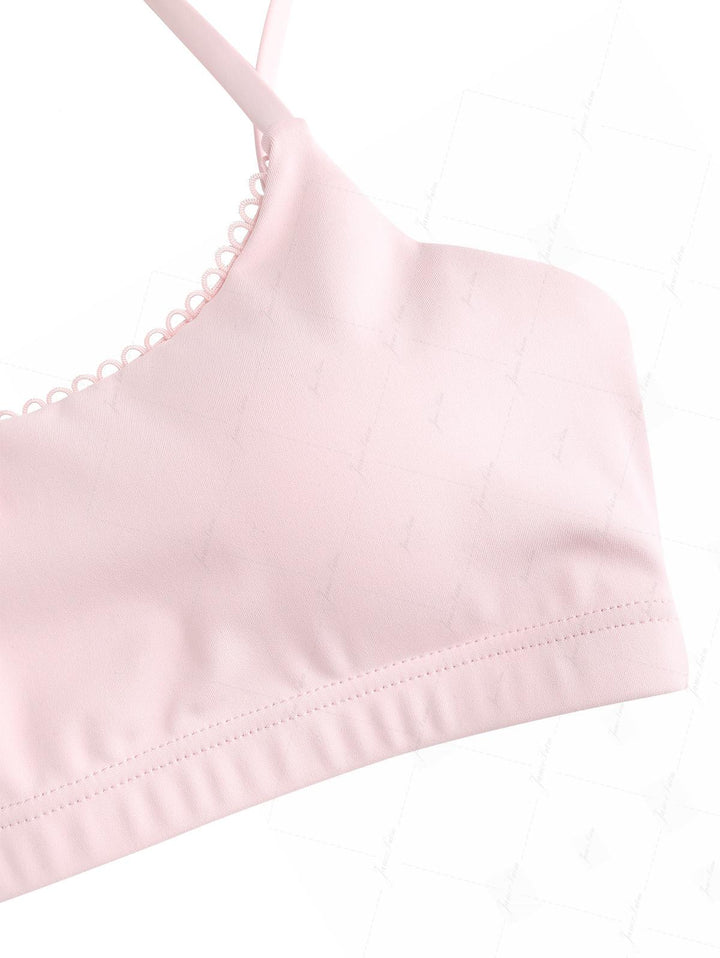 Pink Solid Color Picot Bowknot Bralette Cheeky Boyshorts Bikini Set