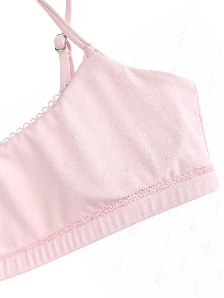 Pink Solid Color Picot Bowknot Bralette Top & Cheeky Brazilian Bottom Bikini Set