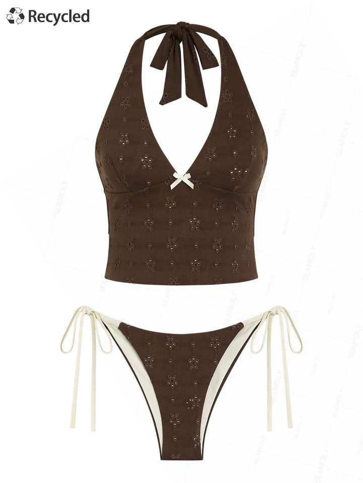 Seamolly Recycled Fabric Jacquard Halter Tank Top & Cheeky Brazilian Bottom Tankini Set