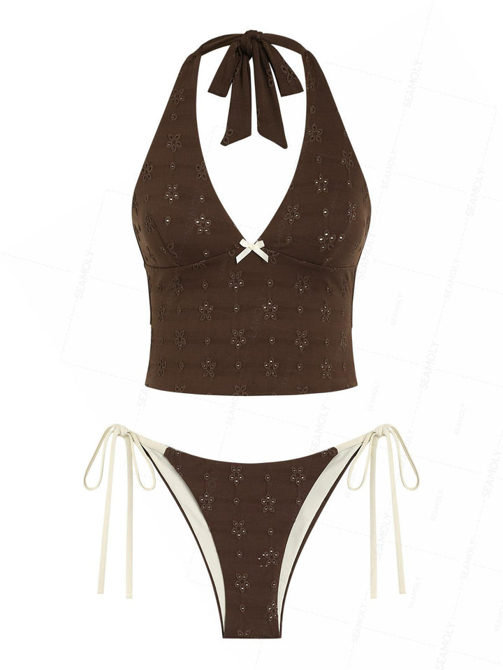 Seamolly Recycled Fabric Jacquard Halter Tank Top & Cheeky Brazilian Bottom Tankini Set