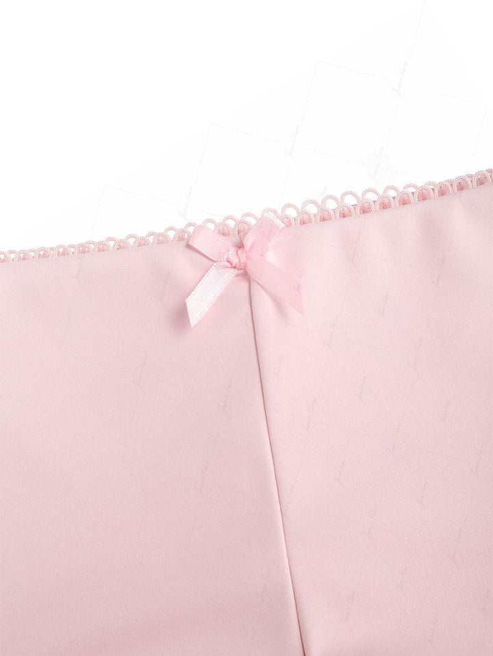 Pink Solid Color Picot Bowknot Bralette Cheeky Boyshorts Bikini Set