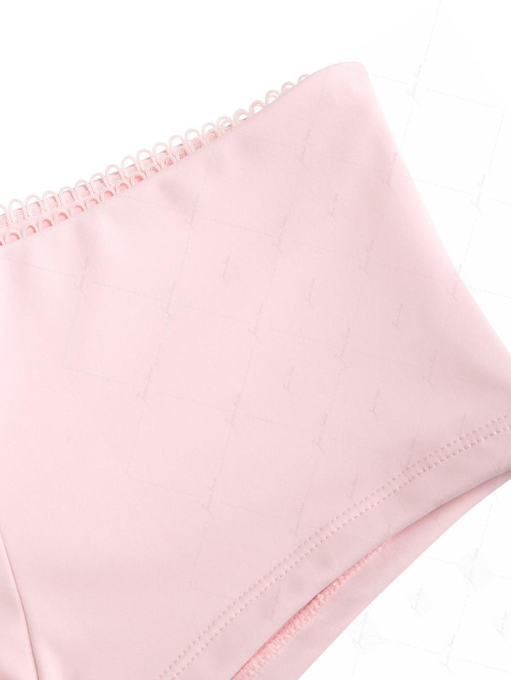 Pink Solid Color Picot Bowknot Halter Triangle Cheeky Boyshorts Bikini Set