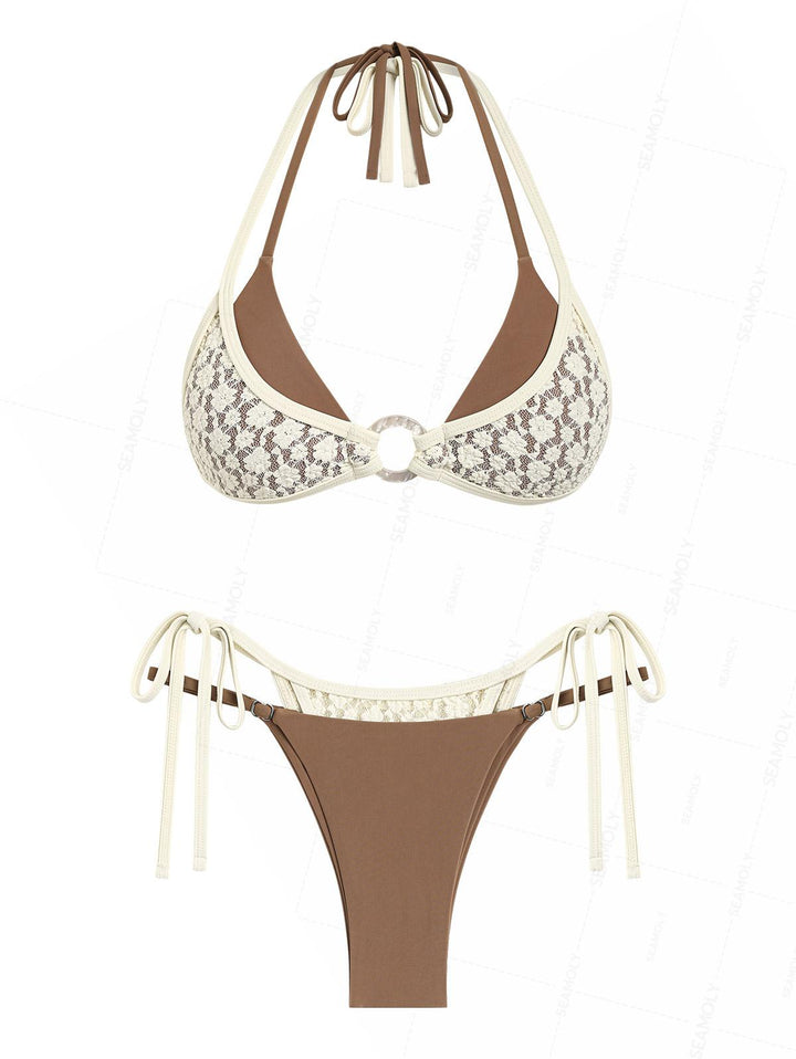 Seamolly Contrast Color Lace O Ring String Double Layer Bikini Set