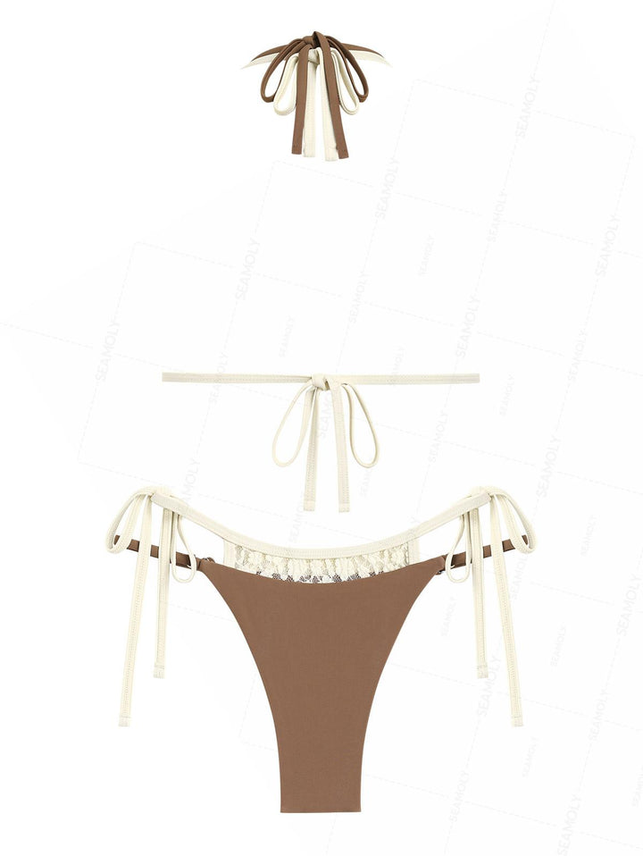 Seamolly Contrast Color Lace O Ring String Double Layer Bikini Set