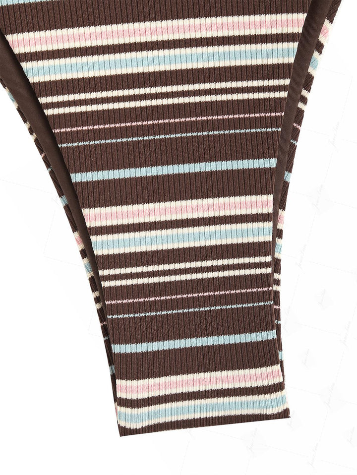 Deep Coffee Ribbed Knit Striped Contrast Binding Double Layer Bikini Set