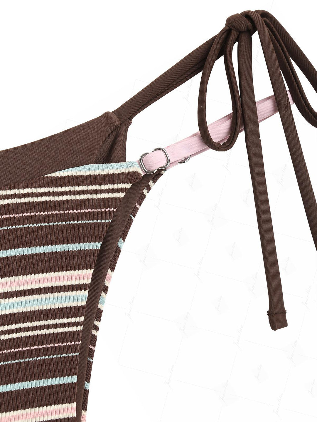 Deep Coffee Ribbed Knit Striped Contrast Binding Double Layer Bikini Set
