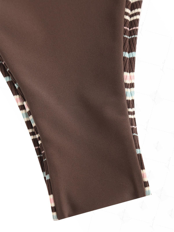 Deep Coffee Ribbed Knit Striped Contrast Binding Double Layer Bikini Set