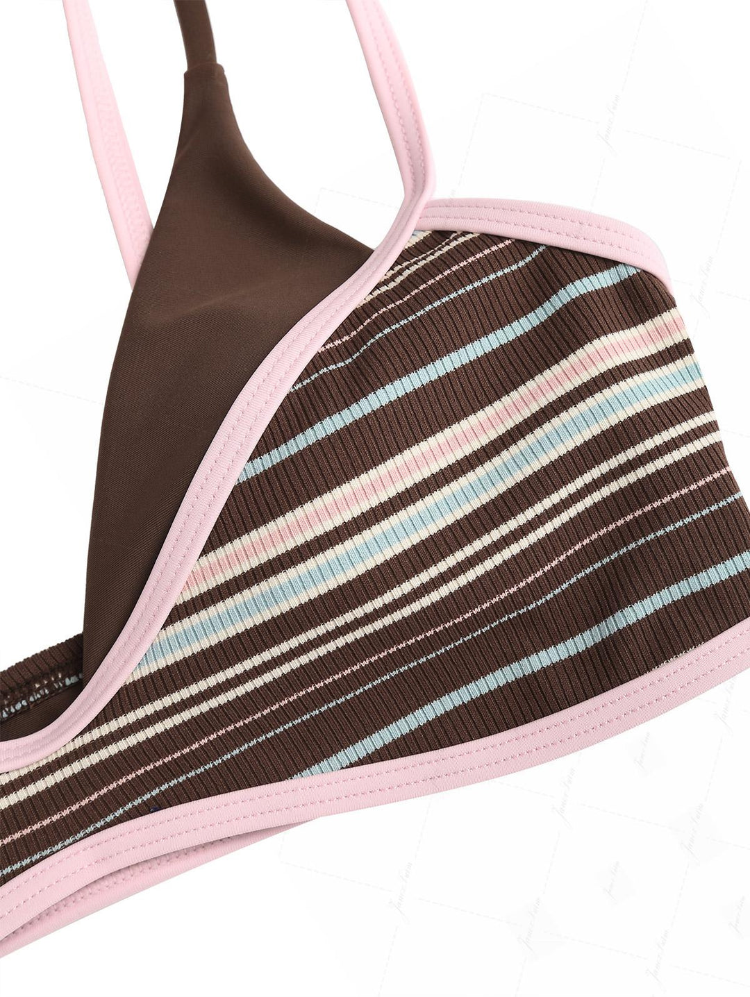 Deep Coffee Ribbed Knit Striped Contrast Binding Double Layer Bikini Set