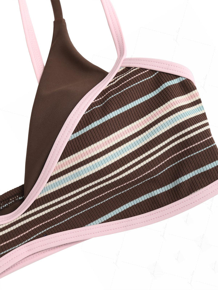 Deep Coffee Ribbed Knit Striped Contrast Binding Double Layer Bikini Set