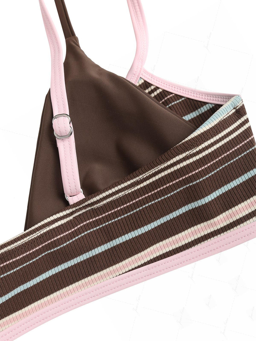 Deep Coffee Ribbed Knit Striped Contrast Binding Double Layer Bikini Set