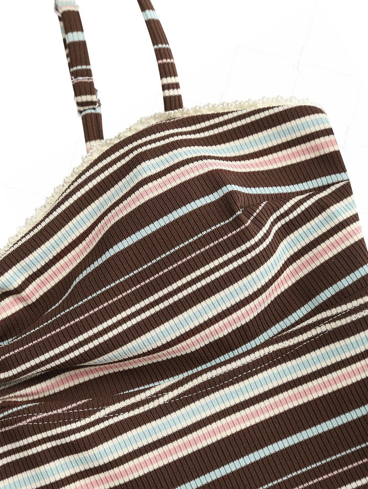 Deep Coffee Ribbed Striped Cutout Tie Side Cheeky Boyshorts Tankini Set