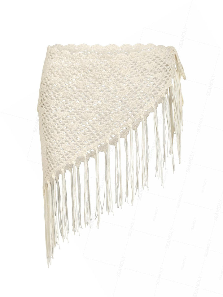 Hollow Out Crochet Fringed Triangle Cover Up Sarong