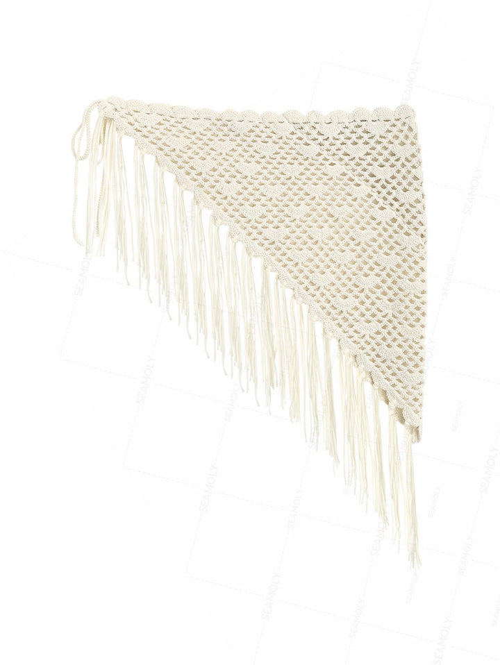 Hollow Out Crochet Fringed Triangle Cover Up Sarong