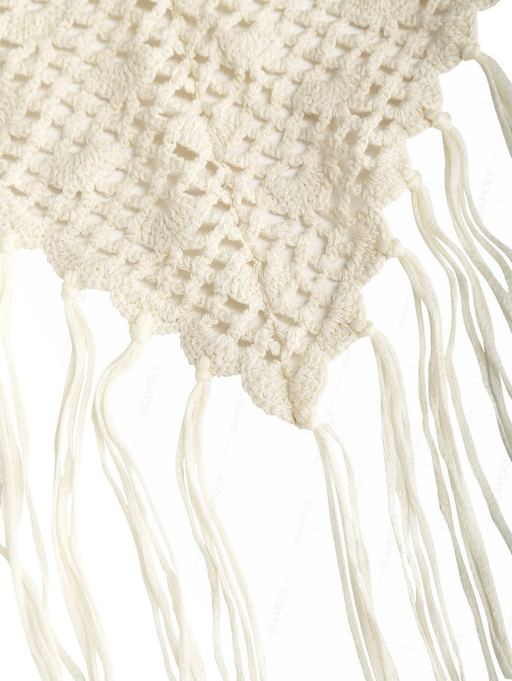 Hollow Out Crochet Fringed Triangle Cover Up Sarong