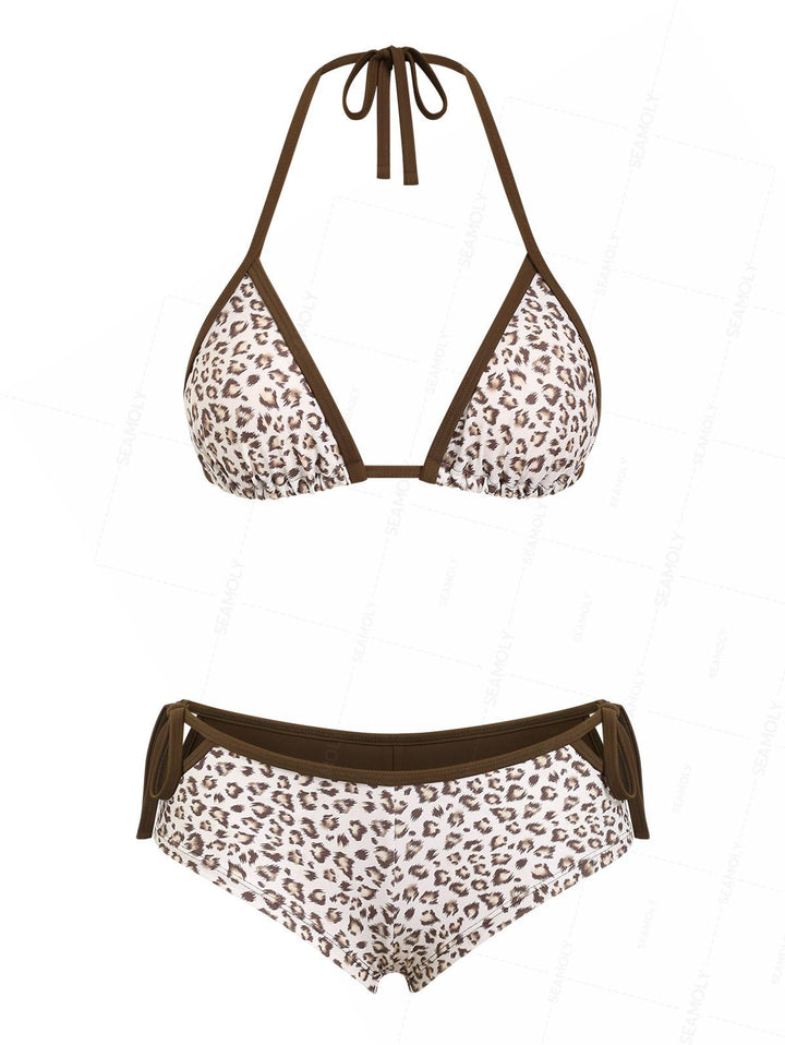 Seamolly Leopard Print Contrast Binding Cutout Tied Cheeky Boyshorts Bikini Set