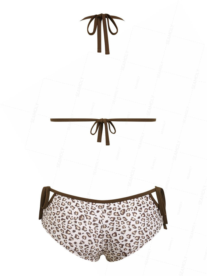 Seamolly Leopard Print Contrast Binding Cutout Tied Cheeky Boyshorts Bikini Set