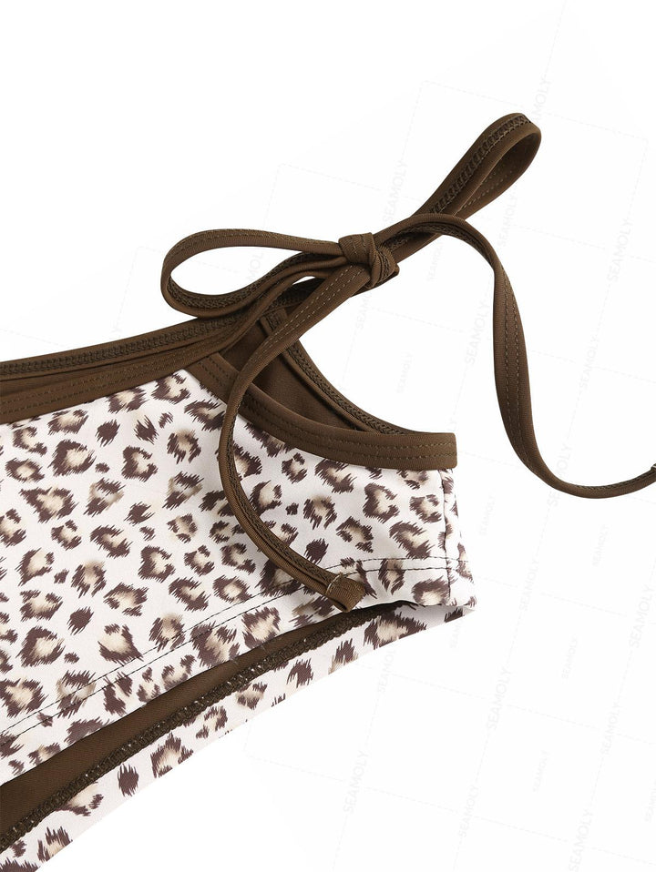 Seamolly Leopard Print Contrast Binding Cutout Tied Cheeky Boyshorts Bikini Set