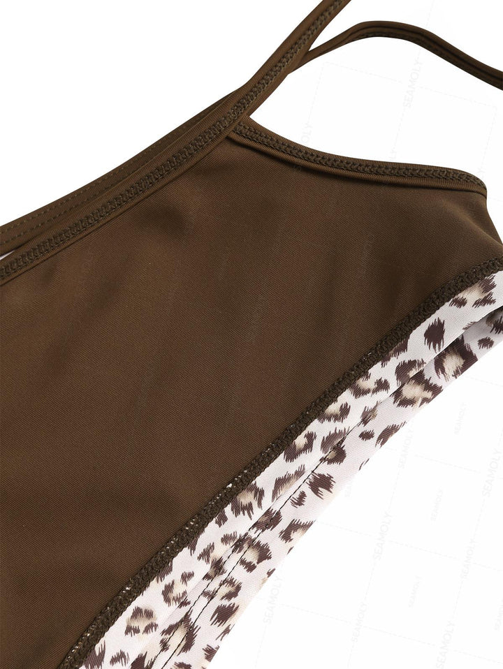 Seamolly Leopard Print Contrast Binding Cutout Tied Cheeky Boyshorts Bikini Set