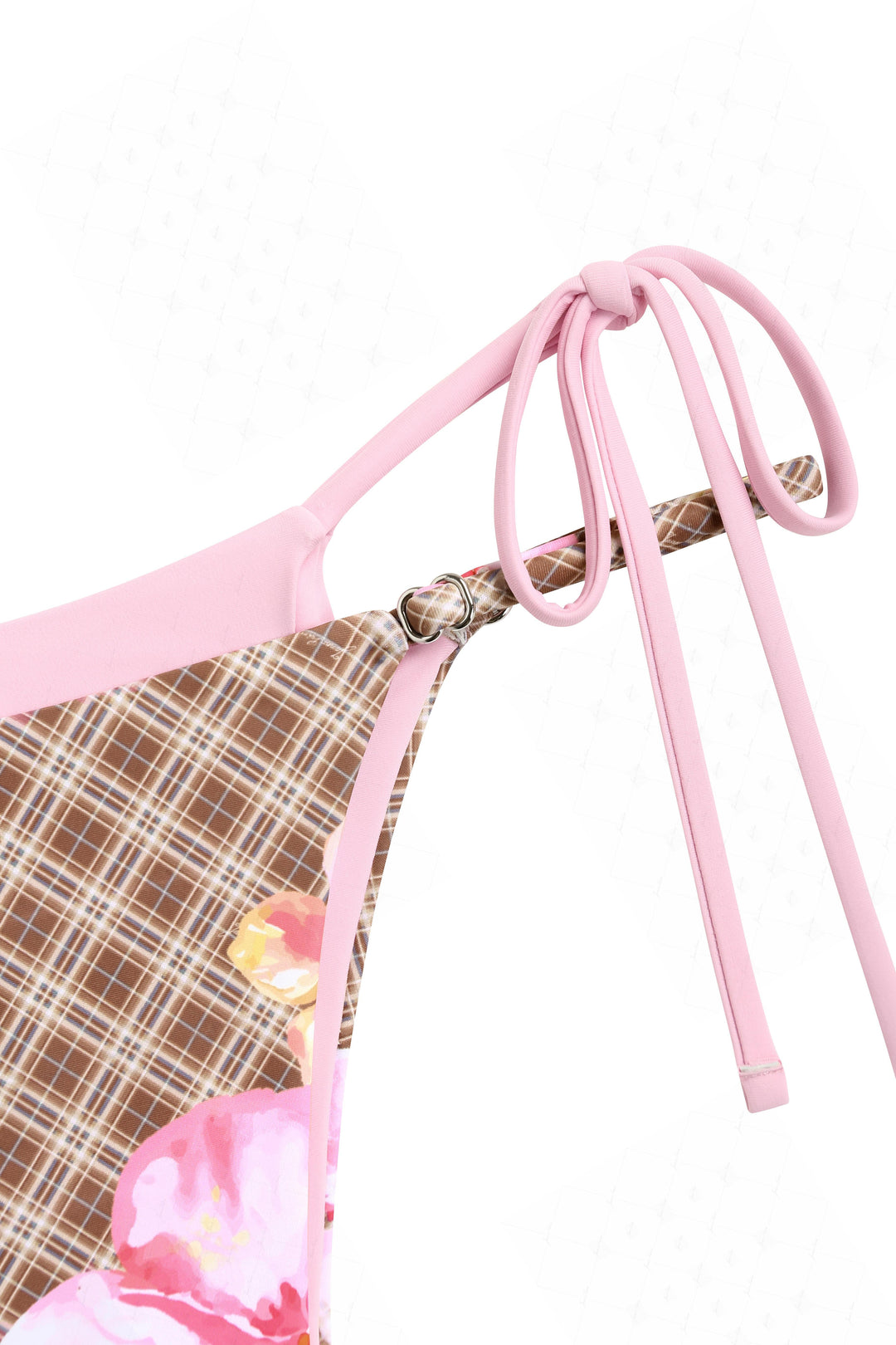 Coffee Plaid Floral Hibiscus Print String Double Layer Bikini Set