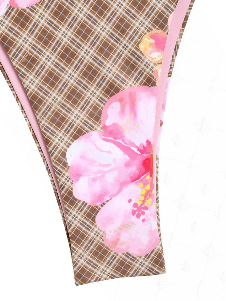 Coffee Plaid Floral Hibiscus Print String Double Layer Bikini Set