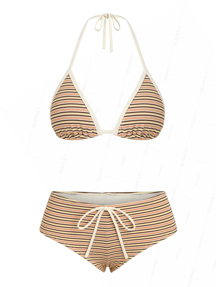 Seamolly Contrast Binding Striped Triangle Cheeky Boyshorts Bikini Set
