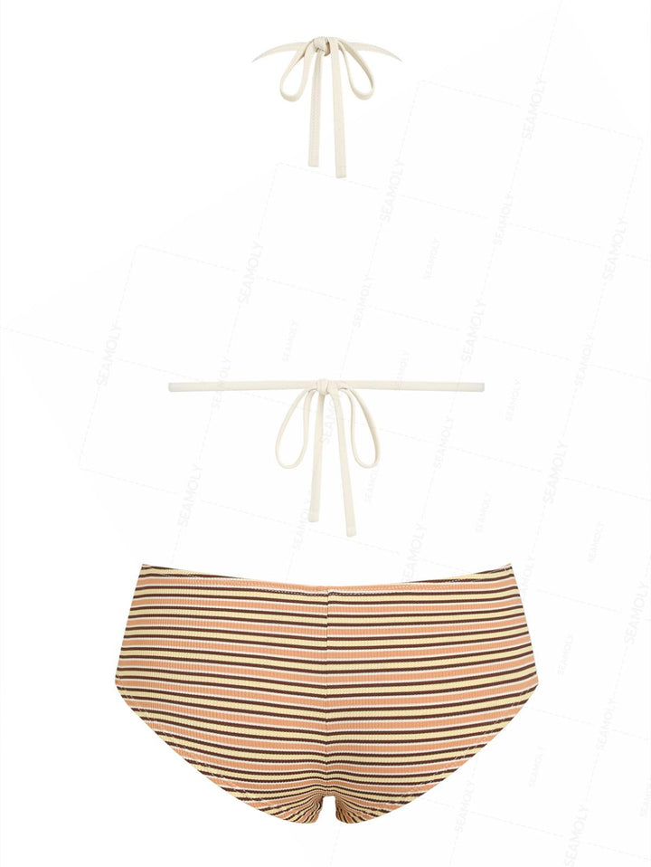 Seamolly Contrast Binding Striped Triangle Cheeky Boyshorts Bikini Set