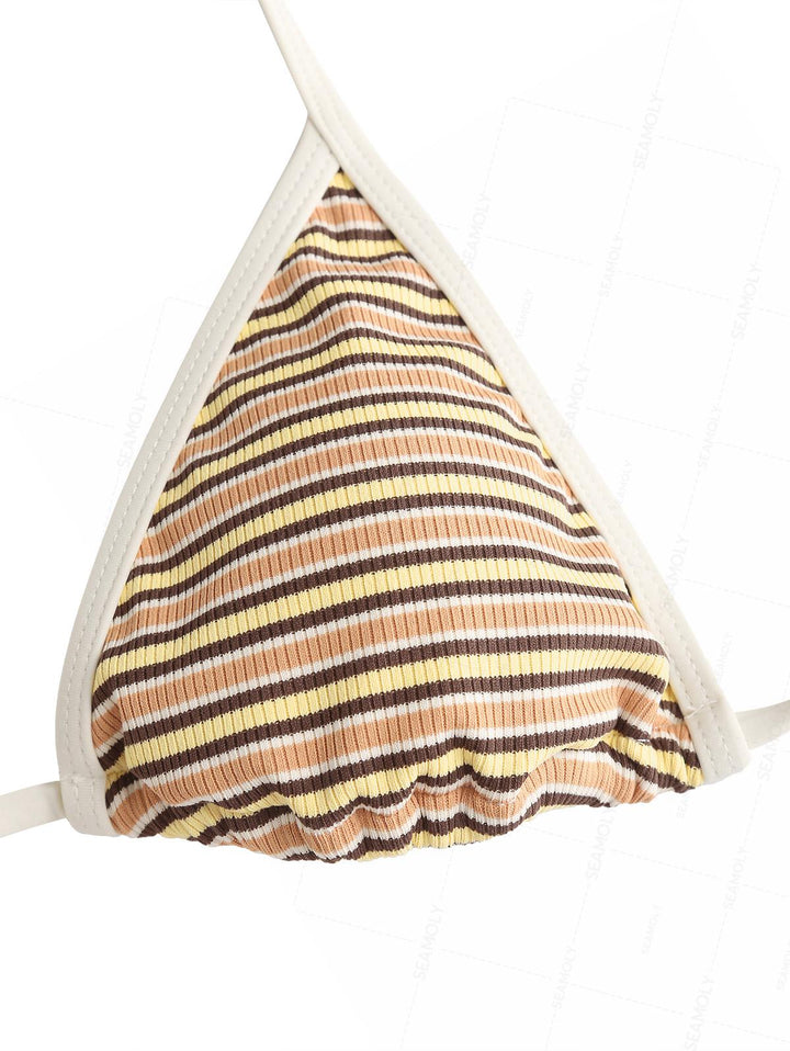 Seamolly Contrast Binding Striped Triangle Cheeky Boyshorts Bikini Set