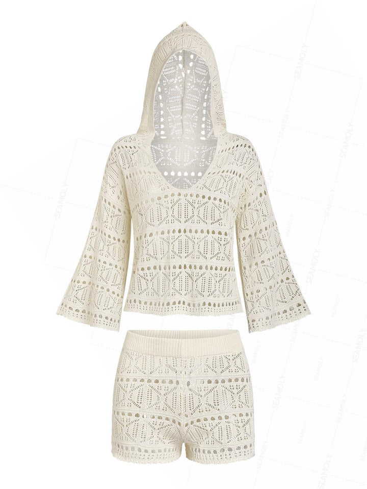 Crochet Eyelet Hooded Sweater And Shorts Beach Cover Up Two Piece Set