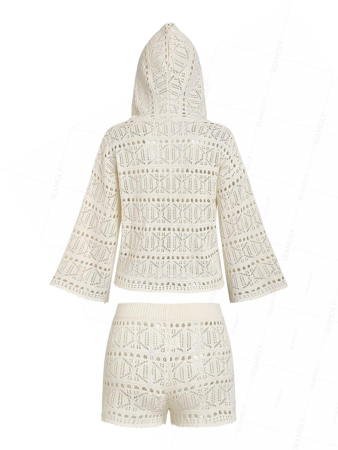 Crochet Eyelet Hooded Sweater And Shorts Beach Cover Up Two Piece Set