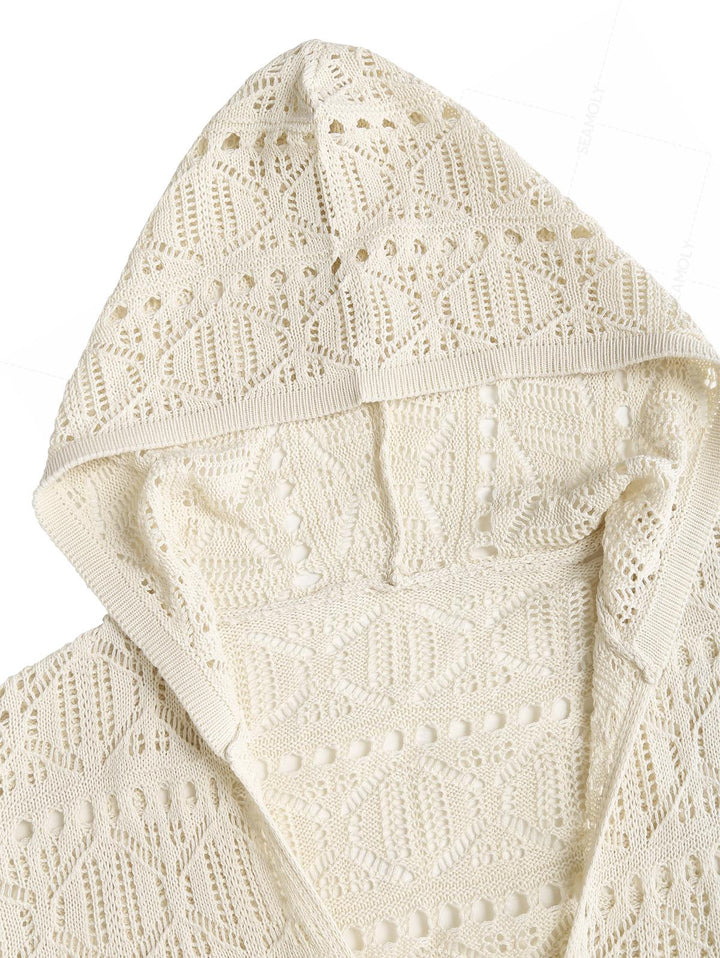 Crochet Eyelet Hooded Sweater And Shorts Beach Cover Up Two Piece Set