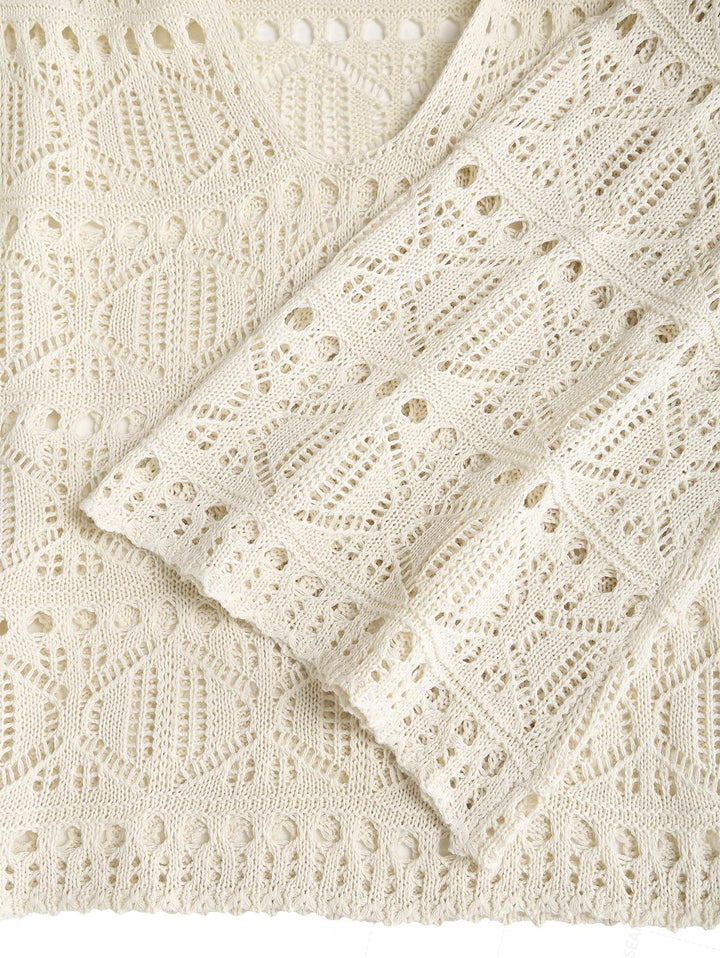 Crochet Eyelet Hooded Sweater And Shorts Beach Cover Up Two Piece Set
