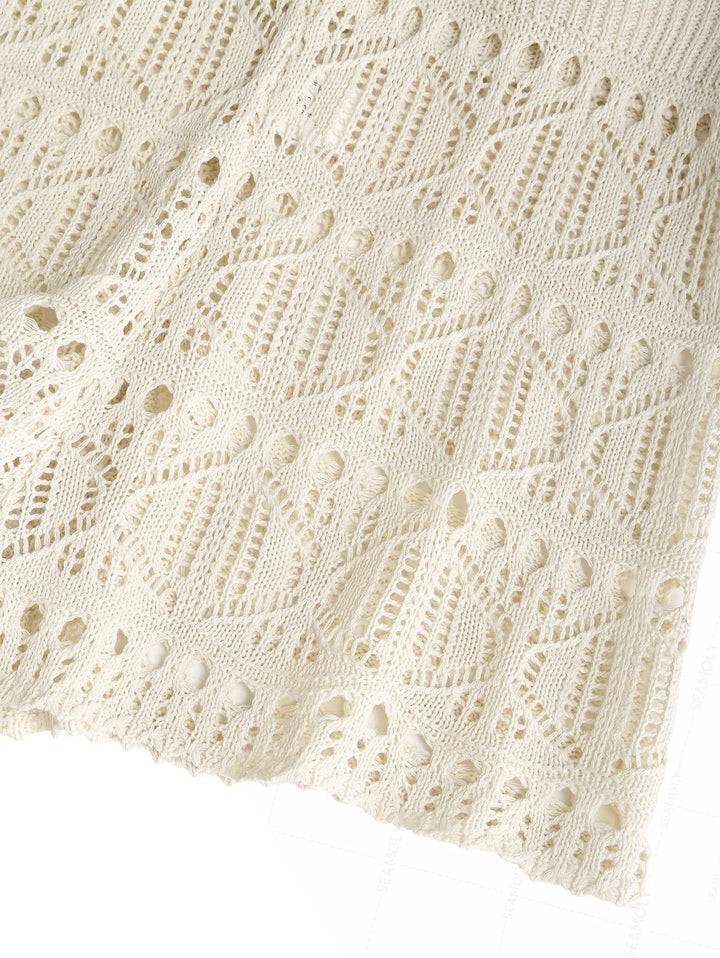Crochet Eyelet Hooded Sweater And Shorts Beach Cover Up Two Piece Set
