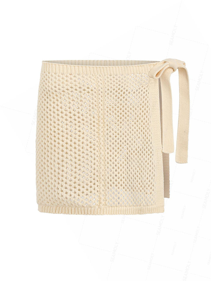 Crochet Hollow Out Tie Side Sarong Wrap Mini Cover Up Skirt