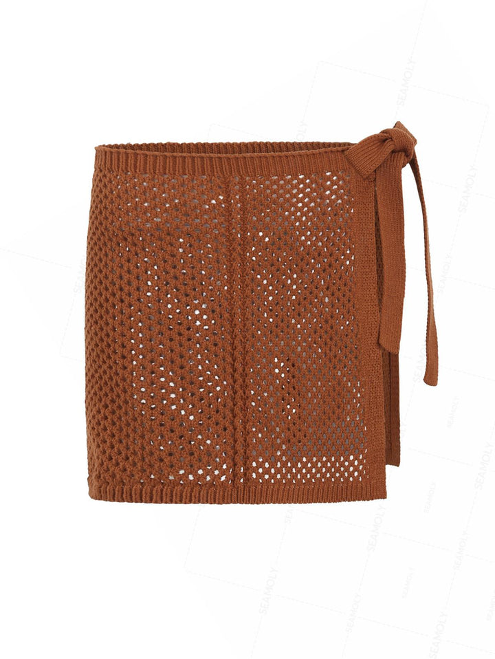 Crochet Hollow Out Tie Side Sarong Wrap Mini Cover Up Skirt