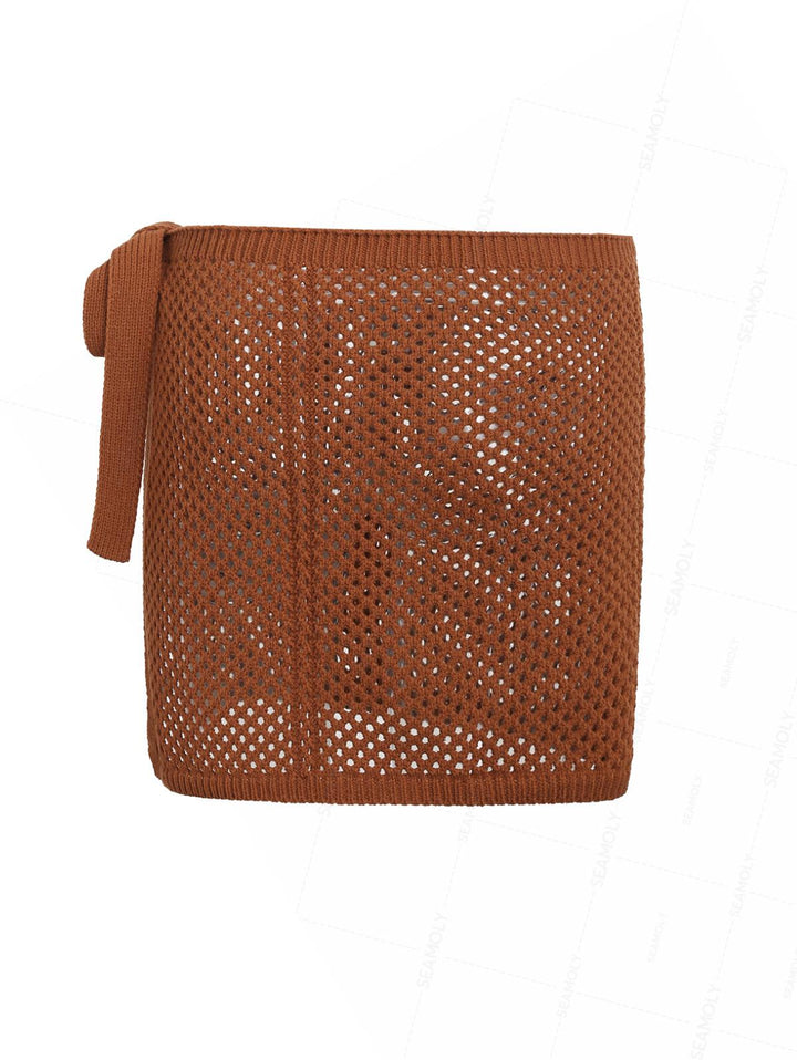 Crochet Hollow Out Tie Side Sarong Wrap Mini Cover Up Skirt