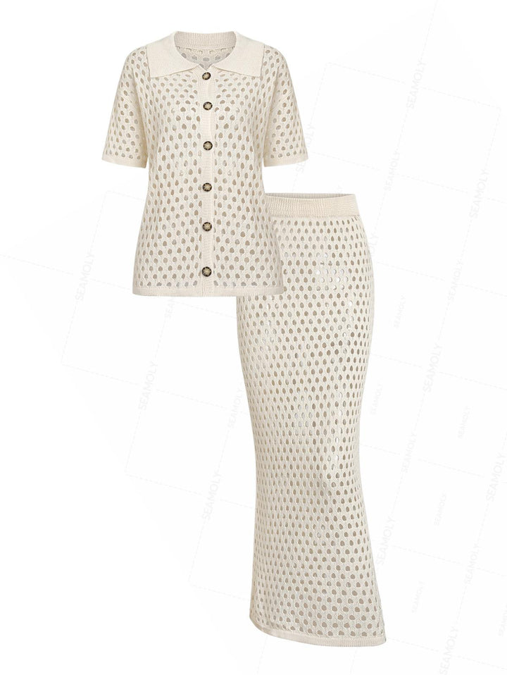 Crochet Short Sleeve Shirt And Skirt Beach Cover Up Two Piece Set