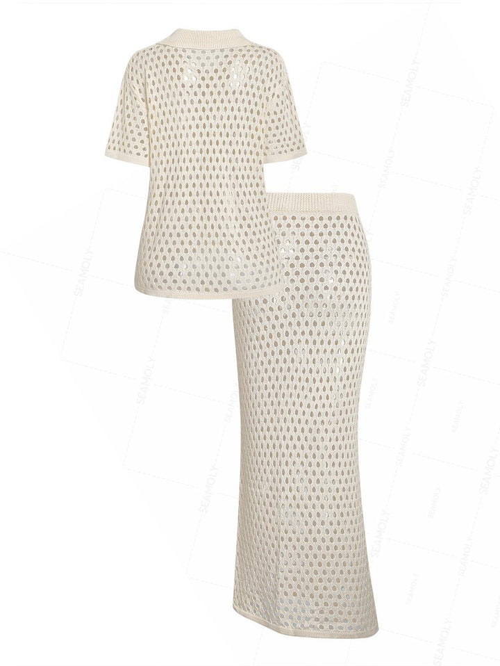Crochet Short Sleeve Shirt And Skirt Beach Cover Up Two Piece Set