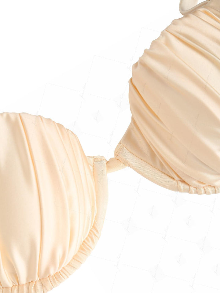 Champagne Satin Ruched Underwire Push Up Top & Cheeky Brazilian Bottom Bikini Set