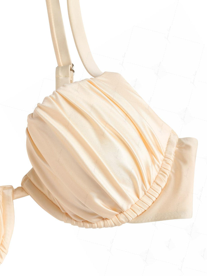 Champagne Satin Ruched Underwire Push Up Top & Cheeky Brazilian Bottom Bikini Set