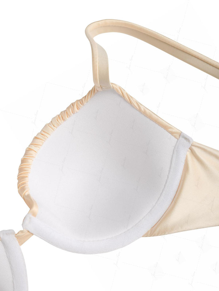 Champagne Satin Ruched Underwire Push Up Top & Cheeky Brazilian Bottom Bikini Set