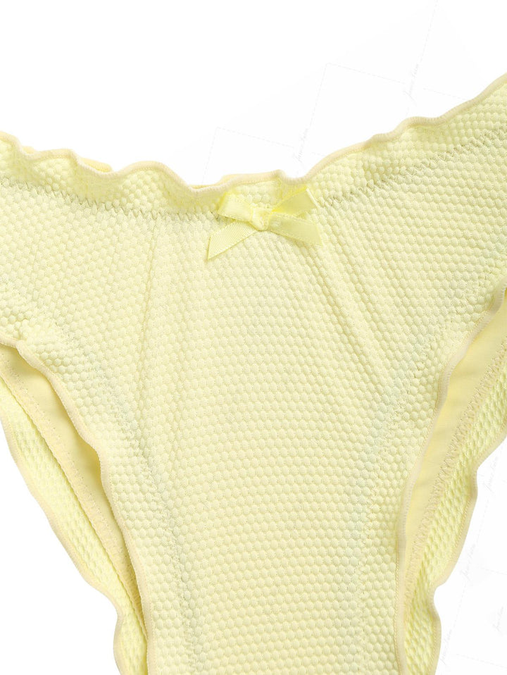 Light Yellow Textured Knit Fabric Ruffles Edge Bralette Bikini Set