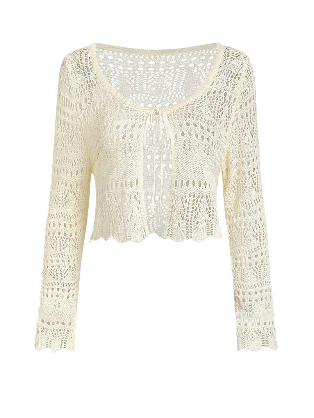 Crochet Knit Openwork Tie Front Long Sleeve Cover Up Cardigan
