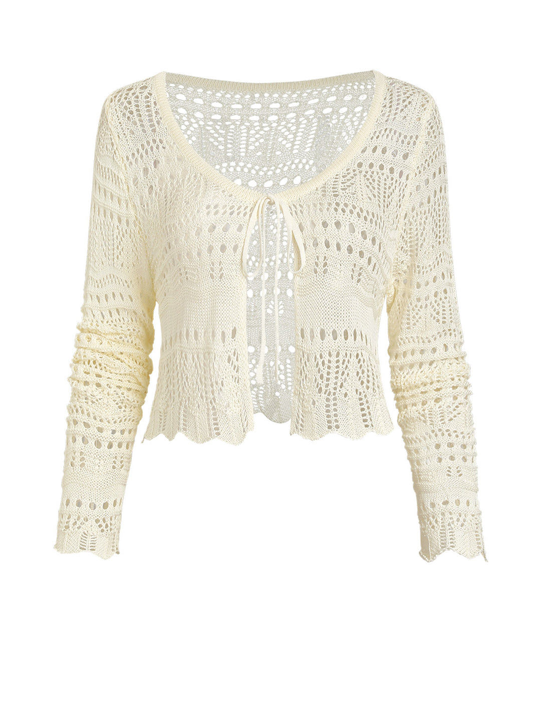 Crochet Knit Openwork Tie Front Long Sleeve Cover Up Cardigan