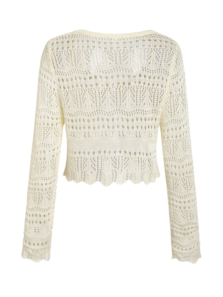 Crochet Knit Openwork Tie Front Long Sleeve Cover Up Cardigan