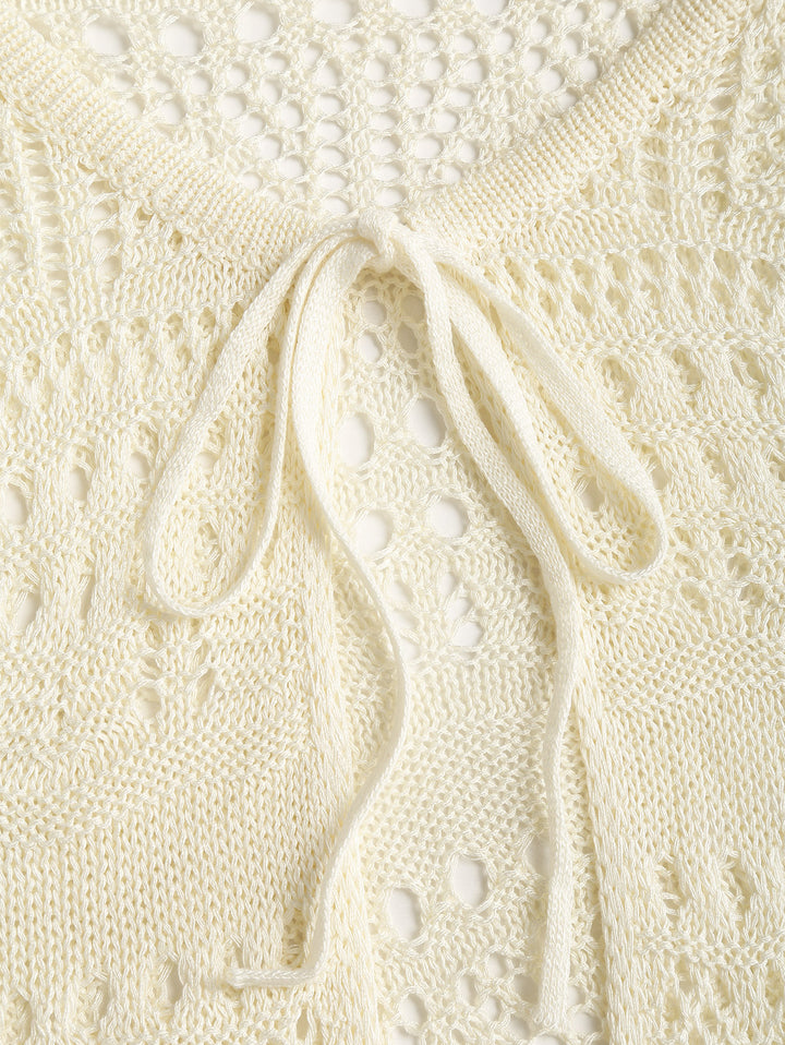 Crochet Knit Openwork Tie Front Long Sleeve Cover Up Cardigan