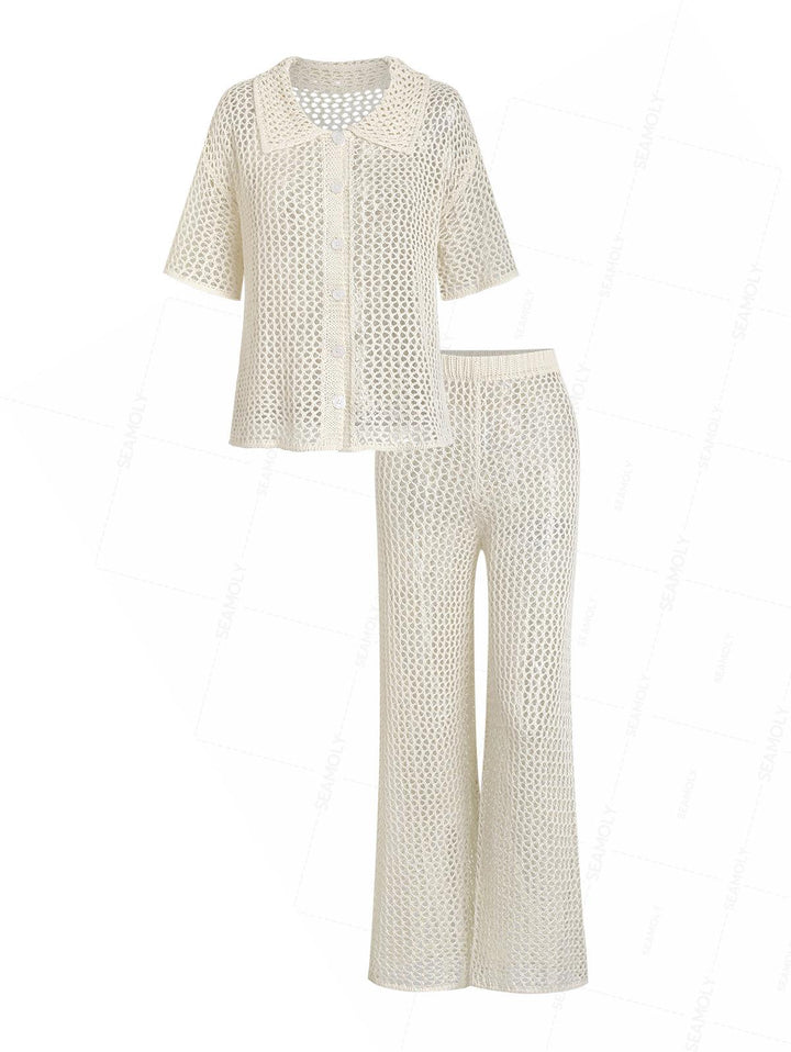 Crochet Hollow Out Short Sleeve Shirt And Pants Beach Cover Up Two Piece Set