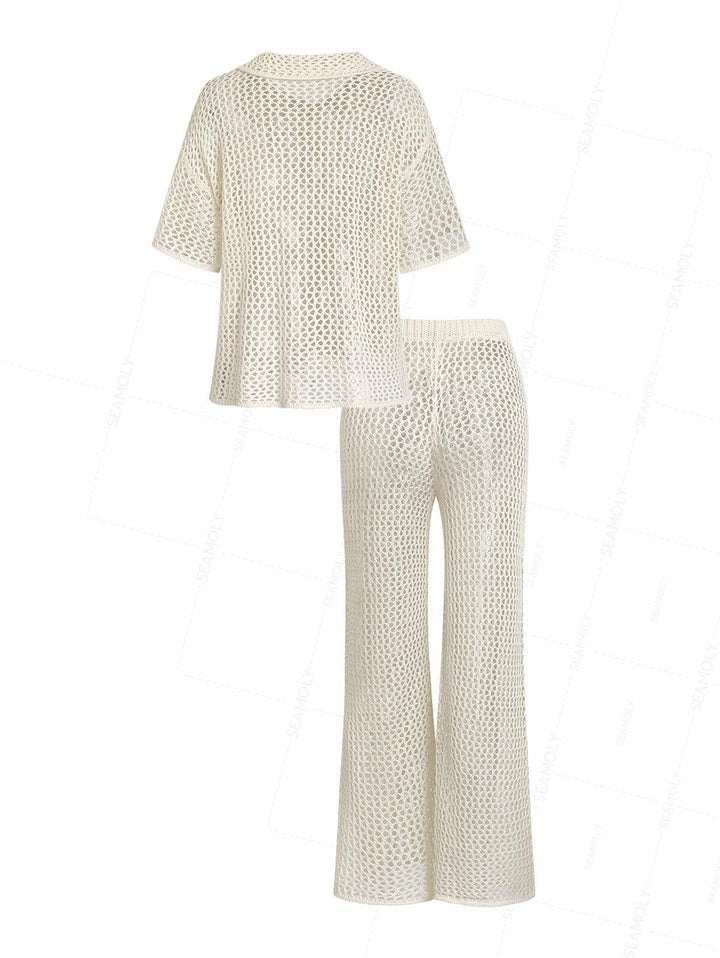 Crochet Hollow Out Short Sleeve Shirt And Pants Beach Cover Up Two Piece Set
